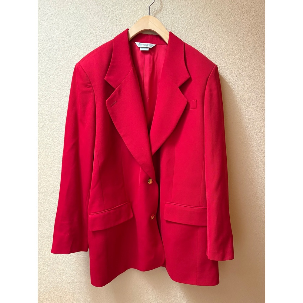 Austin Reed Red Worsted Wool Blazer Vintage Gold Crest Button Jacket Classic 16W
